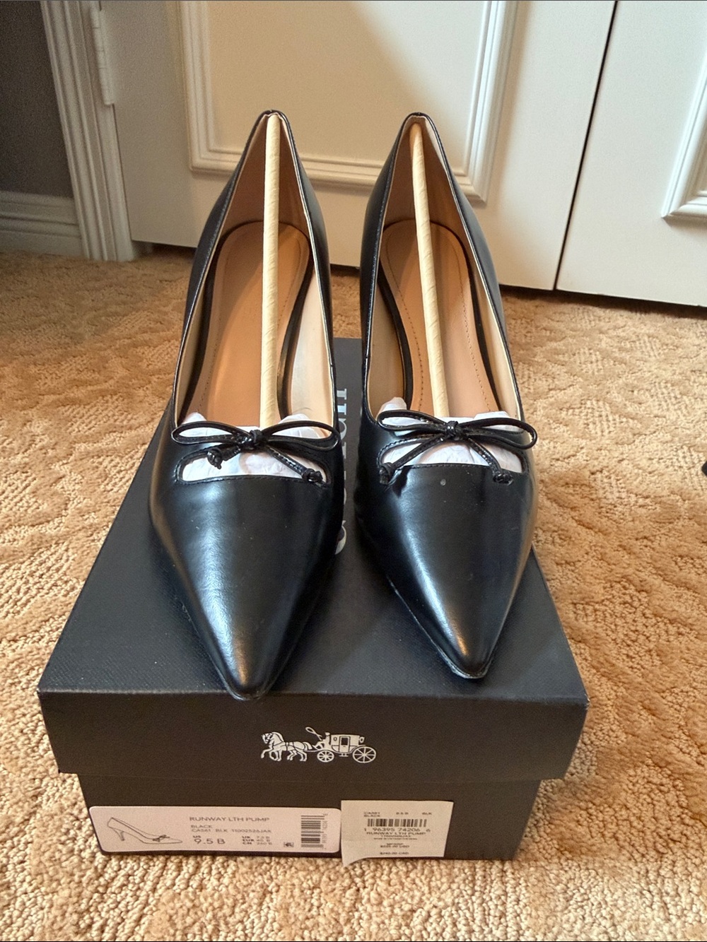 Coach Black Pointed-Toe Leather Pumps with Bow Accent